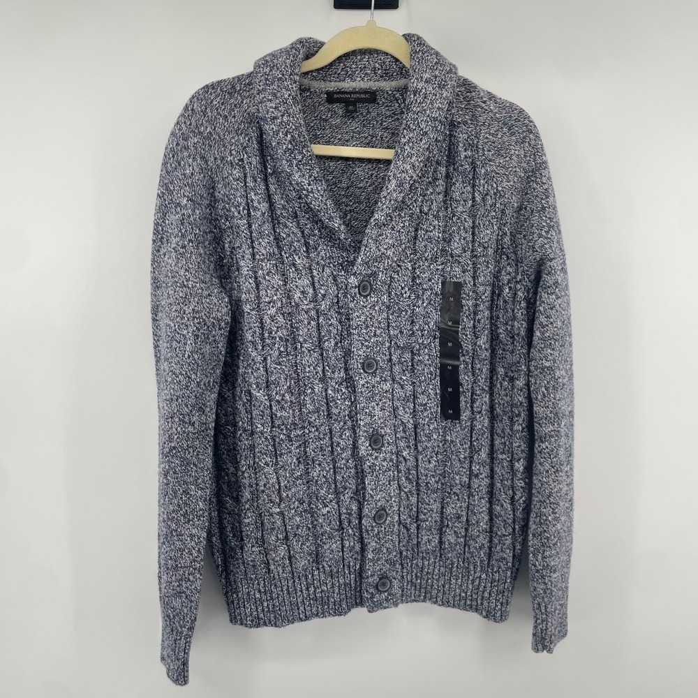 Banana Republic Cardigan Mens M Blue Marled Cable Knit Shawl Collar Sweater